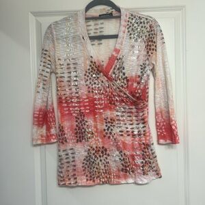 David Cline Red, Cream & Brown Metallic Abstract Wrap-Front Top